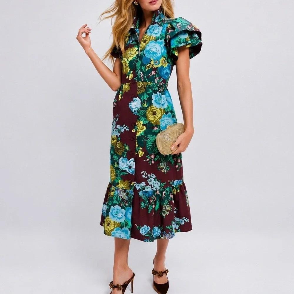 Tuckernuck Oxblood Verdant Floral Alice Midi Dress Ruffle Button Down Medium